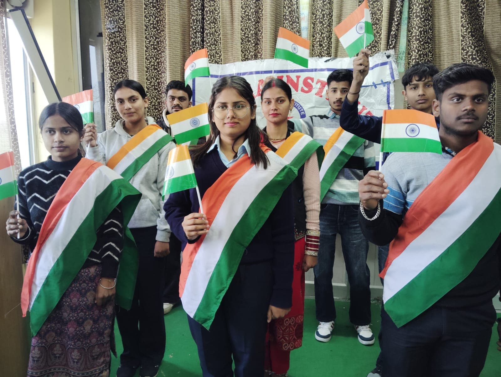 Students celebrating Republic Day with Indian flags